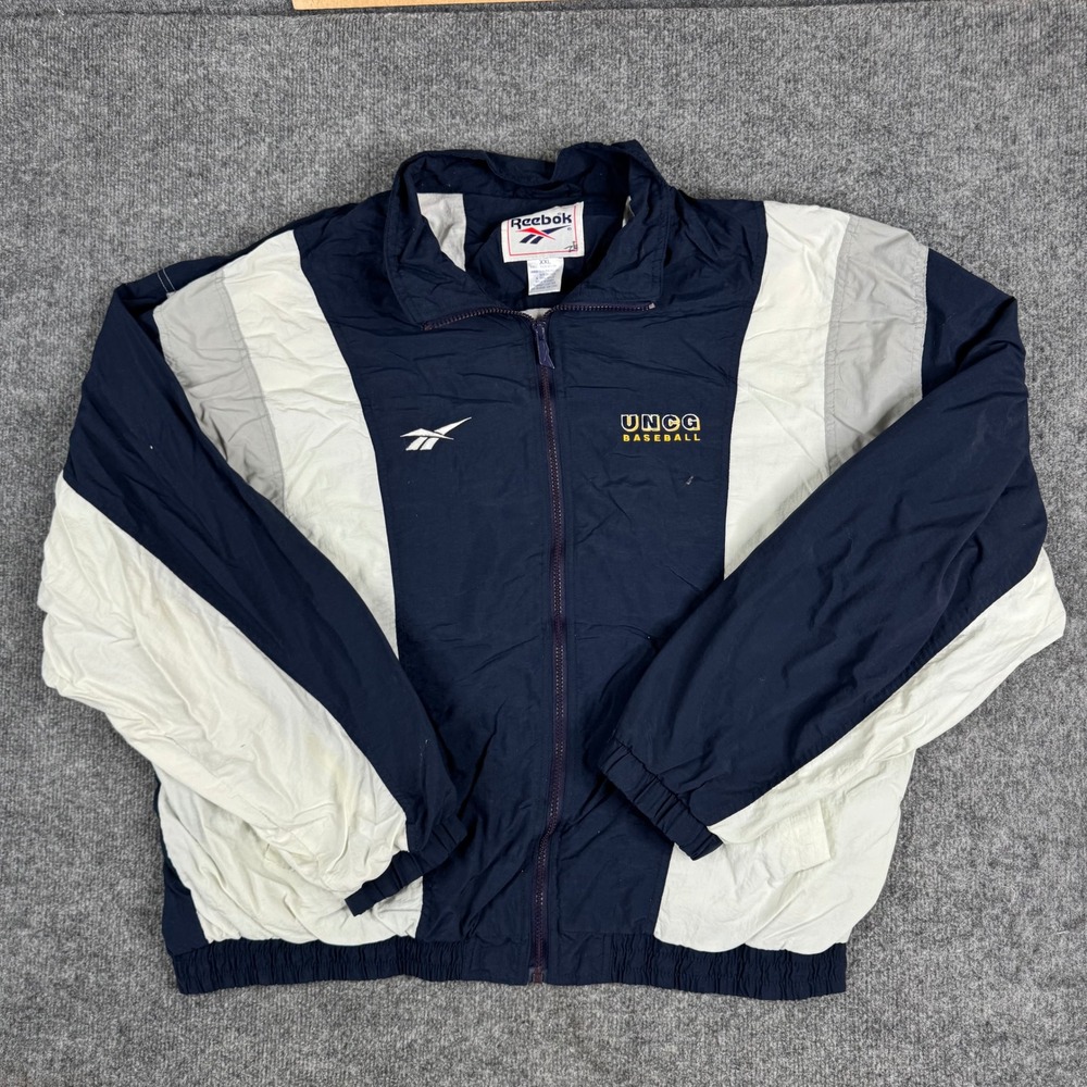 Reebok Jacket‎ Mens Size XXL Navy Blue UNCG Baseball Nylon Vintage Windbreaker